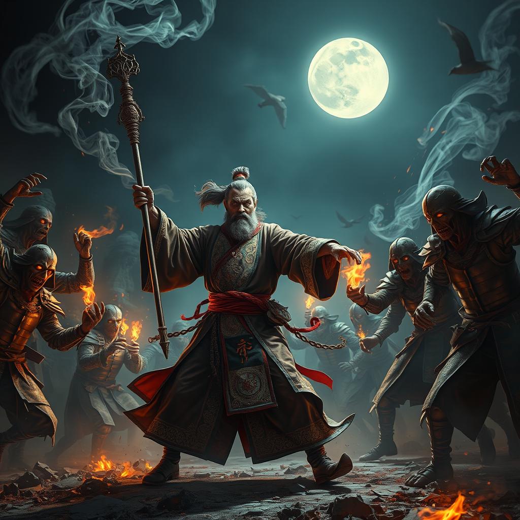 A dramatic night scene showcasing a Dai Viet Feng Shui Master, dressed in traditional ornate robes, energetically wielding a mystical staff as he engages in battle with a horde of fearsome Chinese zombies