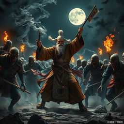A dramatic night scene showcasing a Dai Viet Feng Shui Master, dressed in traditional ornate robes, energetically wielding a mystical staff as he engages in battle with a horde of fearsome Chinese zombies