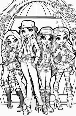 A high-quality, black and white digital art image in the style of a coloring book page, featuring characters from the Bratz franchise in dynamic poses and detailed outfits, ready for intricate coloring