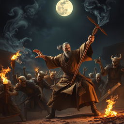 A dramatic night scene showcasing a Dai Viet Feng Shui Master, dressed in traditional ornate robes, energetically wielding a mystical staff as he engages in battle with a horde of fearsome Chinese zombies
