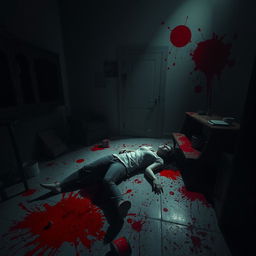 A dimly lit room with dramatic shadows, featuring splashes of vivid red blood on the walls and floor, creating a striking contrast against the dark surroundings
