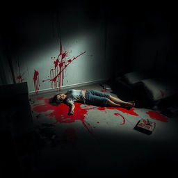 A dimly lit room with dramatic shadows, featuring splashes of vivid red blood on the walls and floor, creating a striking contrast against the dark surroundings