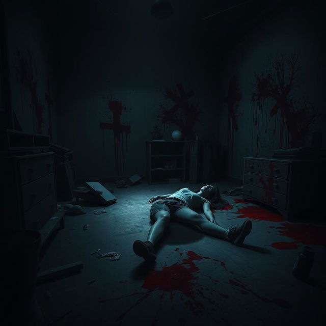 A dimly lit room with dramatic shadows, featuring splashes of vivid red blood on the walls and floor, creating a striking contrast against the dark surroundings