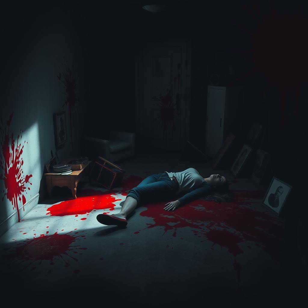 A dimly lit room with dramatic shadows, featuring splashes of vivid red blood on the walls and floor, creating a striking contrast against the dark surroundings