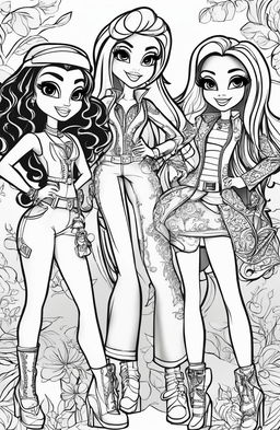 A high-quality, black and white digital art image in the style of a coloring book page, featuring characters from the Bratz franchise in dynamic poses and detailed outfits, ready for intricate coloring