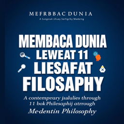 An eye-catching book cover for "MEMBACA DUNIA LEWAT 11 LENSA FILSAFAT MODERN" featuring a modern and minimalistic design