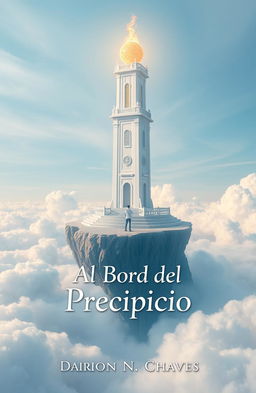 A majestic white tower with a flaming orb hovering at its pinnacle, surrounded by a moat of water