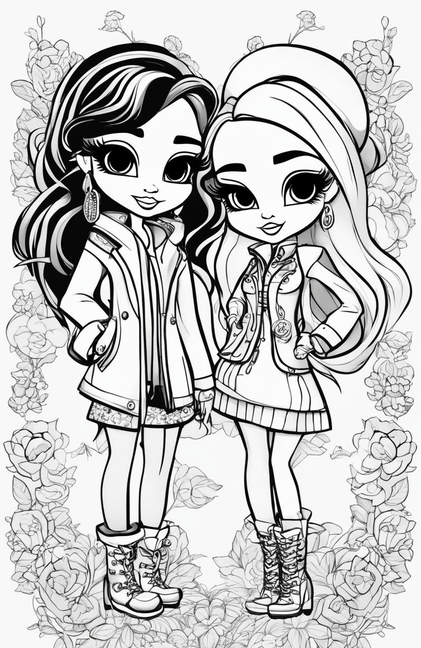 A black and white, high-quality digital art illustration mimicking a page from a Bratz colouring book, featuring two Bratz characters in fashionable outfits and a complex background