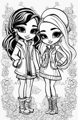 A black and white, high-quality digital art illustration mimicking a page from a Bratz colouring book, featuring two Bratz characters in fashionable outfits and a complex background