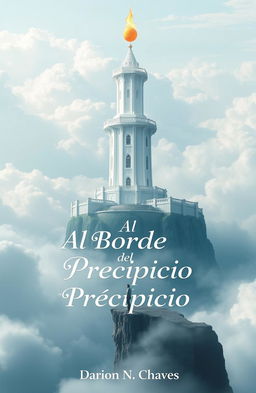 A majestic white tower with a flaming orb hovering at its pinnacle, surrounded by a moat of water