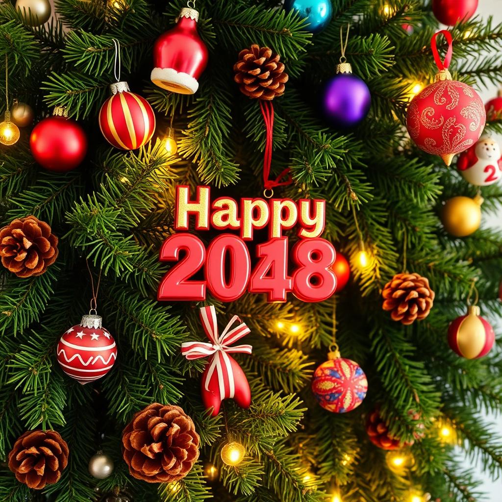 A cheerful New Year's wallpaper scene featuring lush green fir branches artistically arranged, adorned with various colorful New Year's ornaments and toys