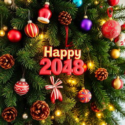 A cheerful New Year's wallpaper scene featuring lush green fir branches artistically arranged, adorned with various colorful New Year's ornaments and toys