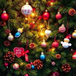 A cheerful New Year's wallpaper scene featuring lush green fir branches artistically arranged, adorned with various colorful New Year's ornaments and toys