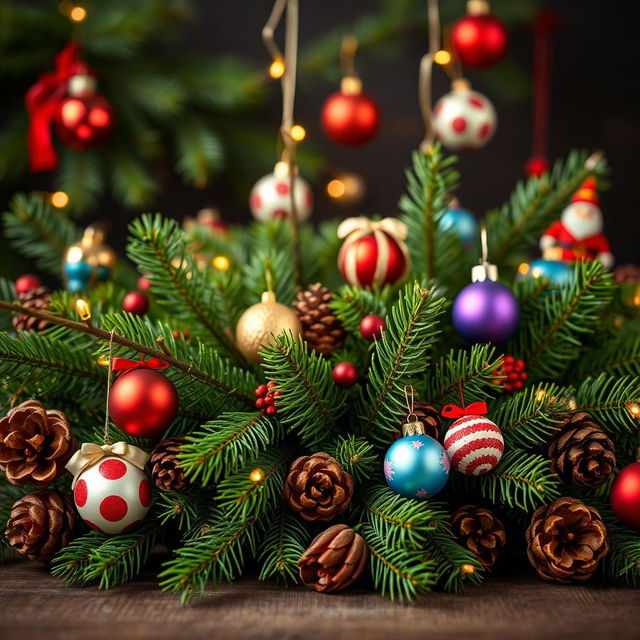 A cheerful New Year's wallpaper scene featuring lush green fir branches artistically arranged, adorned with various colorful New Year's ornaments and toys