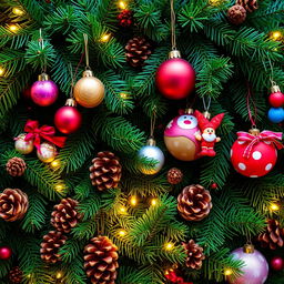 A cheerful New Year's wallpaper scene featuring lush green fir branches artistically arranged, adorned with various colorful New Year's ornaments and toys