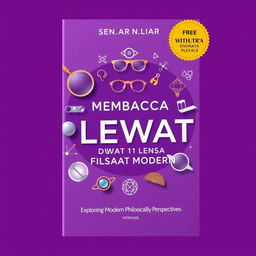 A captivating book cover for "MEMBACA DUNIA LEWAT 11 LENSA FILSAFAT MODERN" featuring a vibrant and contemporary design