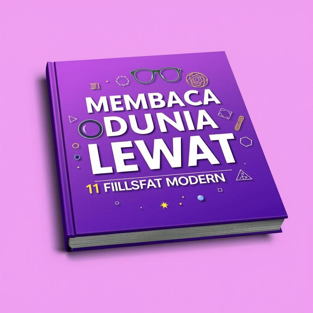 A captivating book cover for "MEMBACA DUNIA LEWAT 11 LENSA FILSAFAT MODERN" featuring a vibrant and contemporary design