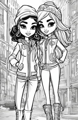 A black and white, high-quality digital art illustration mimicking a page from a Bratz colouring book, featuring two Bratz characters in fashionable outfits and a complex background