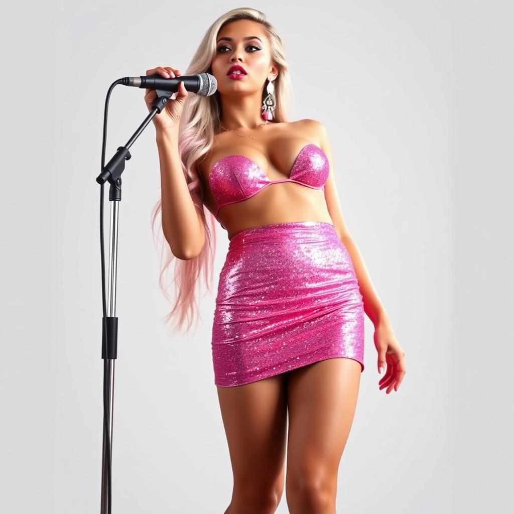 A full-length image of a beautiful hourglass-shaped teenage girl with a tight rounded belly, thick thighs, and long legs, wearing a very short, skin-tight, shiny pink sparkled skirt that exposes her thighs