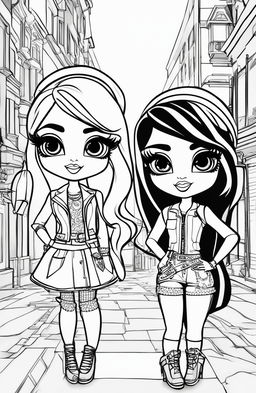 A black and white, high-quality digital art illustration mimicking a page from a Bratz colouring book, featuring two Bratz characters in fashionable outfits and a complex background