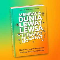An engaging book cover for "MEMBACA DUNIA LEWAT 11 LENSA FILSAFAT MODERN" featuring a bright and captivating design
