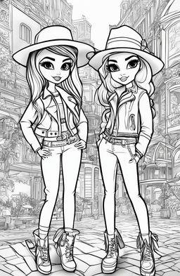 A black and white, high-quality digital art illustration mimicking a page from a Bratz colouring book, featuring two Bratz characters in fashionable outfits and a complex background