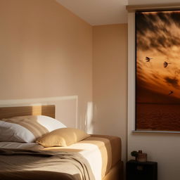 An inviting Airbnb room with a comfortable bed, a side table, and a beige-colored bedside wall. The room features good lighting, a wall photo, and warm-colored curtains.