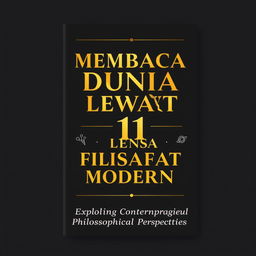 A sophisticated book poster cover for "MEMBACA DUNIA LEWAT 11 LENSA FILSAFAT MODERN" featuring a dark and elegant design