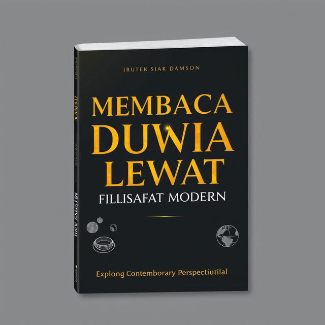 A sophisticated book poster cover for "MEMBACA DUNIA LEWAT 11 LENSA FILSAFAT MODERN" featuring a dark and elegant design