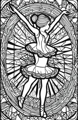 An intricate coloring page featuring a graceful ballerina in mid-dance, surrounded by geometric patterns and shading in the style of Tim Jeffs