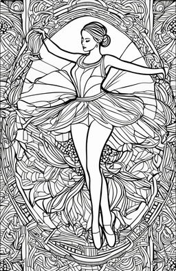 An intricate coloring page featuring a graceful ballerina in mid-dance, surrounded by geometric patterns and shading in the style of Tim Jeffs