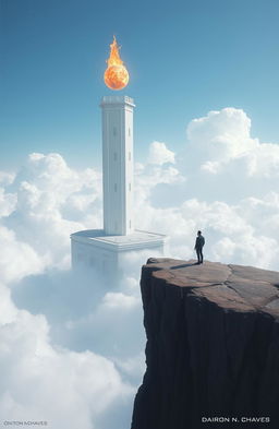 A majestic white tower with a floating fireball perched at its top, surrounded by a water moat