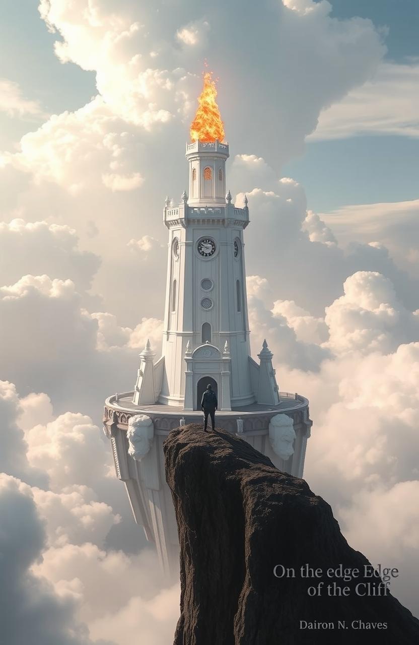 A majestic white tower with a floating fireball perched at its top, surrounded by a water moat