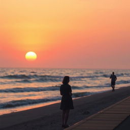 A serene beach scene at sunset in the distance, with gentle layers of waves creating a quiet atmosphere
