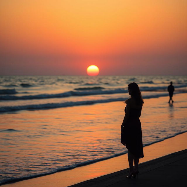 A serene beach scene at sunset in the distance, with gentle layers of waves creating a quiet atmosphere