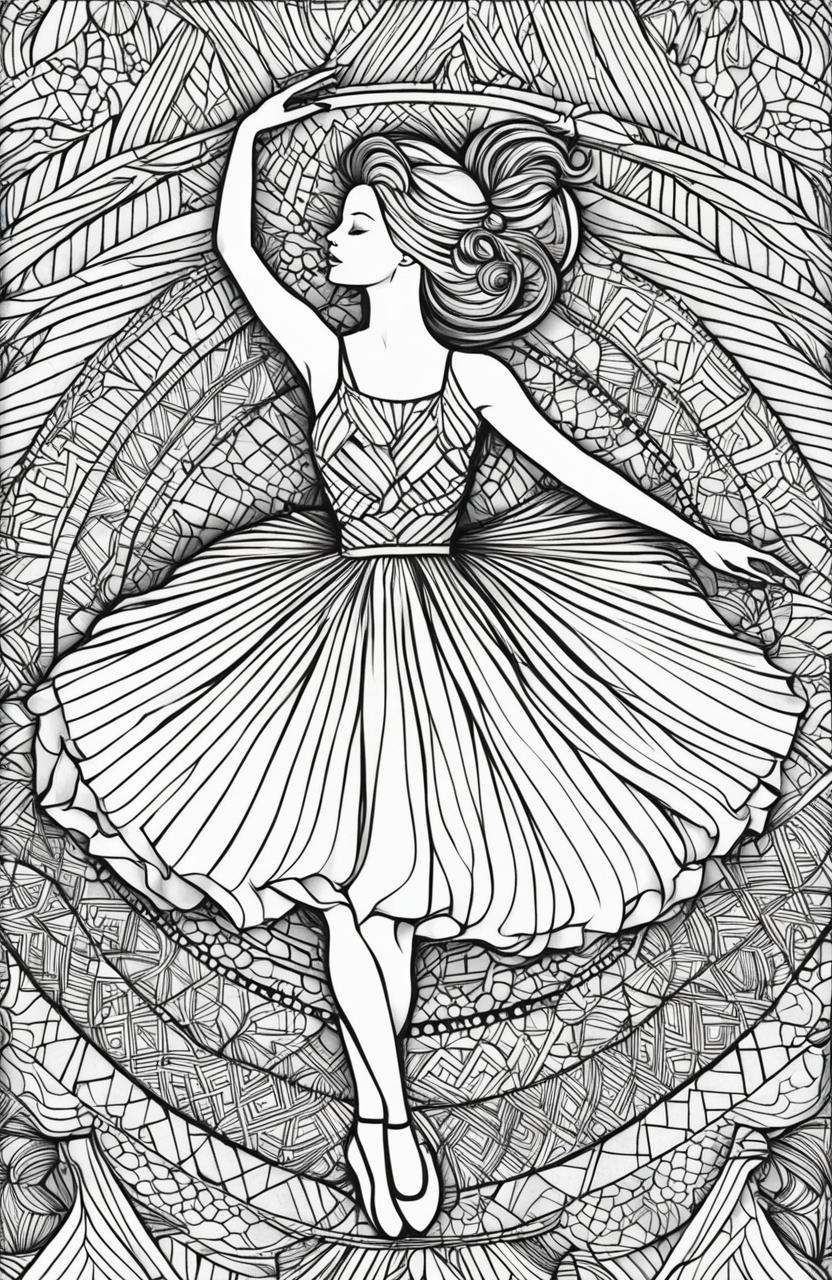 An intricate coloring page featuring a graceful ballerina in mid-dance, surrounded by geometric patterns and shading in the style of Tim Jeffs