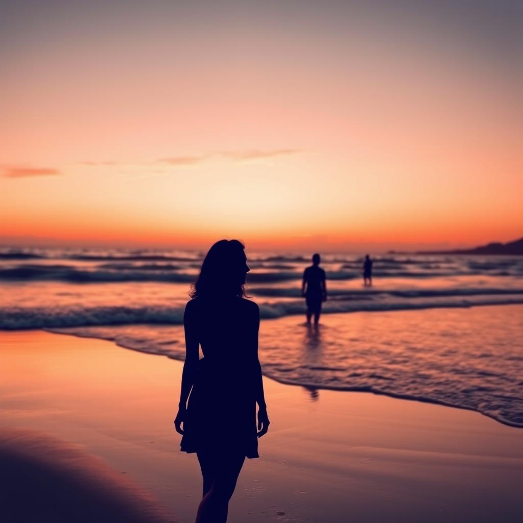 A serene view of a beach at sunset, featuring soft waves gently crashing on the shore, with a soft orange and navy blue color palette accented by touches of pink in the sky, creating a warm and romantic atmosphere