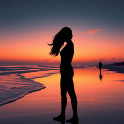 A serene view of a beach at sunset, featuring soft waves gently crashing on the shore, with a soft orange and navy blue color palette accented by touches of pink in the sky, creating a warm and romantic atmosphere