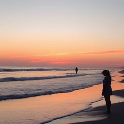 A serene view of a beach at sunset, featuring soft waves gently crashing on the shore, with a soft orange and navy blue color palette accented by touches of pink in the sky, creating a warm and romantic atmosphere