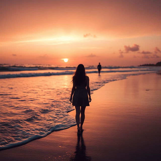 A serene view of a beach at sunset, featuring soft waves gently crashing on the shore, with a soft orange and navy blue color palette accented by touches of pink in the sky, creating a warm and romantic atmosphere