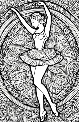 An intricate coloring page featuring a graceful ballerina in mid-dance, surrounded by geometric patterns and shading in the style of Tim Jeffs