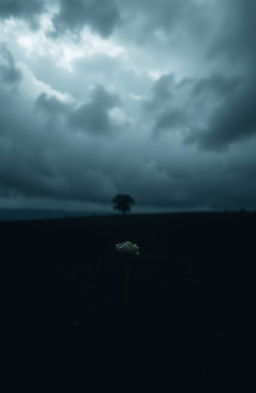 A dark and melancholic landscape, with a gloomy sky filled with heavy gray clouds