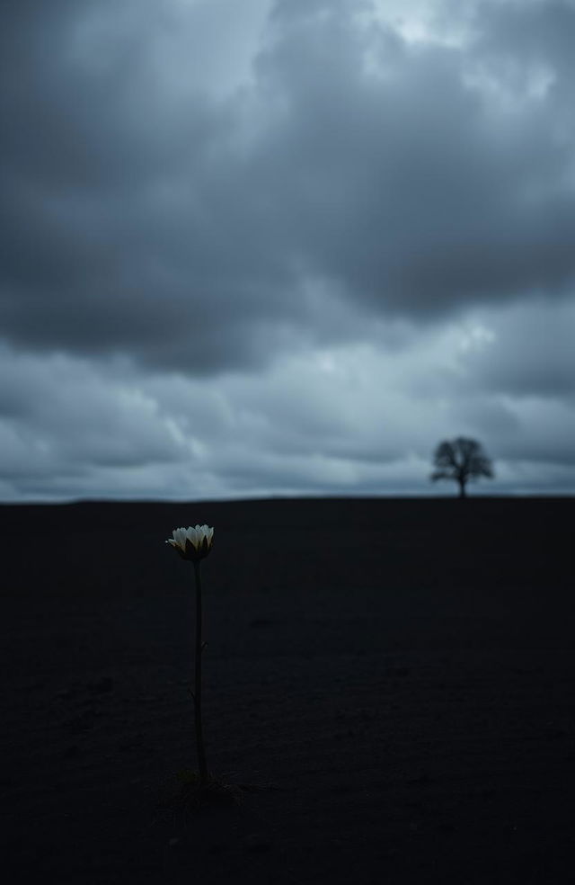 A dark and melancholic landscape, with a gloomy sky filled with heavy gray clouds