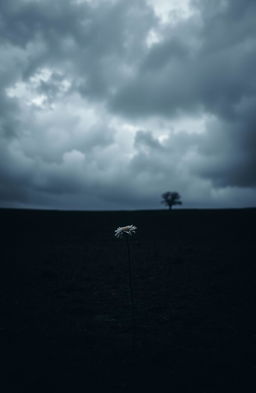 A dark and melancholic landscape, with a gloomy sky filled with heavy gray clouds