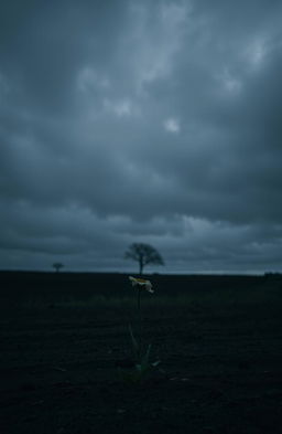 A dark and melancholic landscape, with a gloomy sky filled with heavy gray clouds