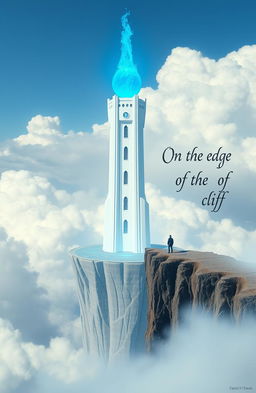 A towering white structure with a glowing blue fireball floating at its peak, surrounded by a moat of water