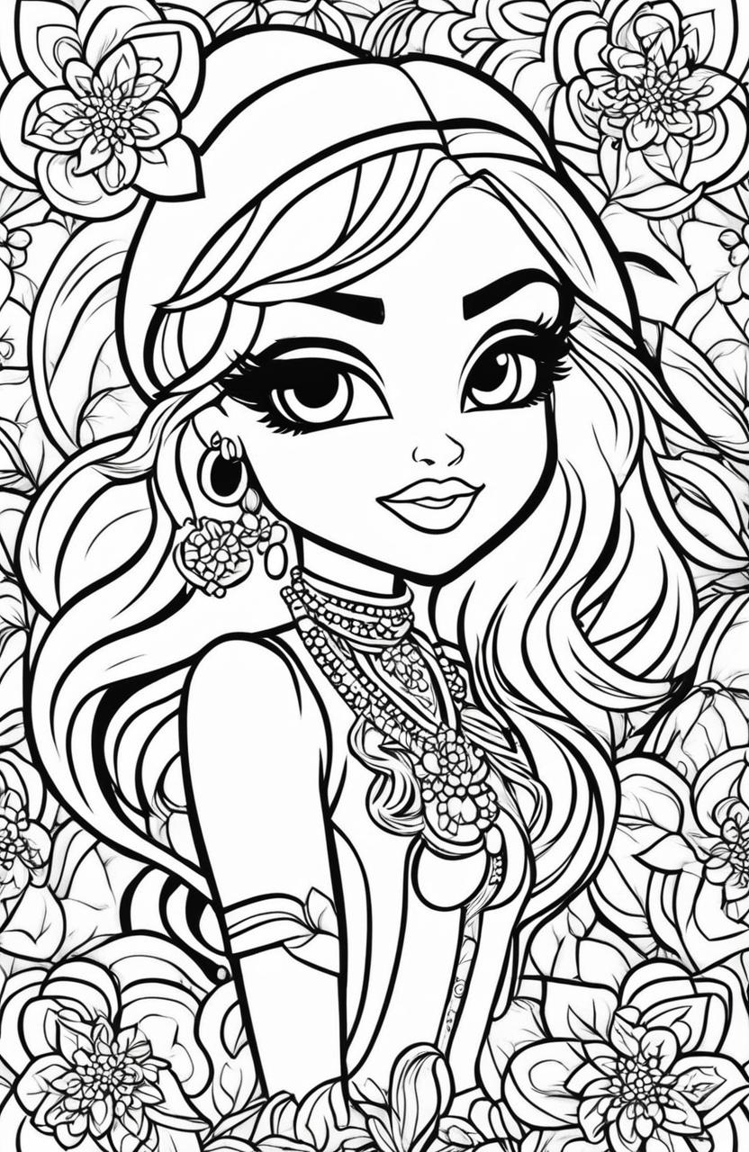 A black and white coloring book page featuring detailed and stylish illustrations of the Bratz characters