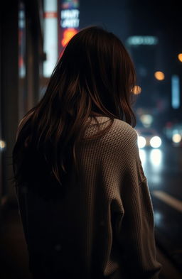 A young woman seen from the back, her posture slumped in sadness, wearing a soft, oversized sweater