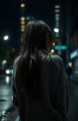 A young woman seen from the back, her posture slumped in sadness, wearing a soft, oversized sweater