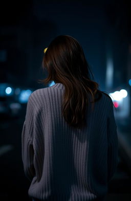 A young woman seen from the back, her posture slumped in sadness, wearing a soft, oversized sweater
